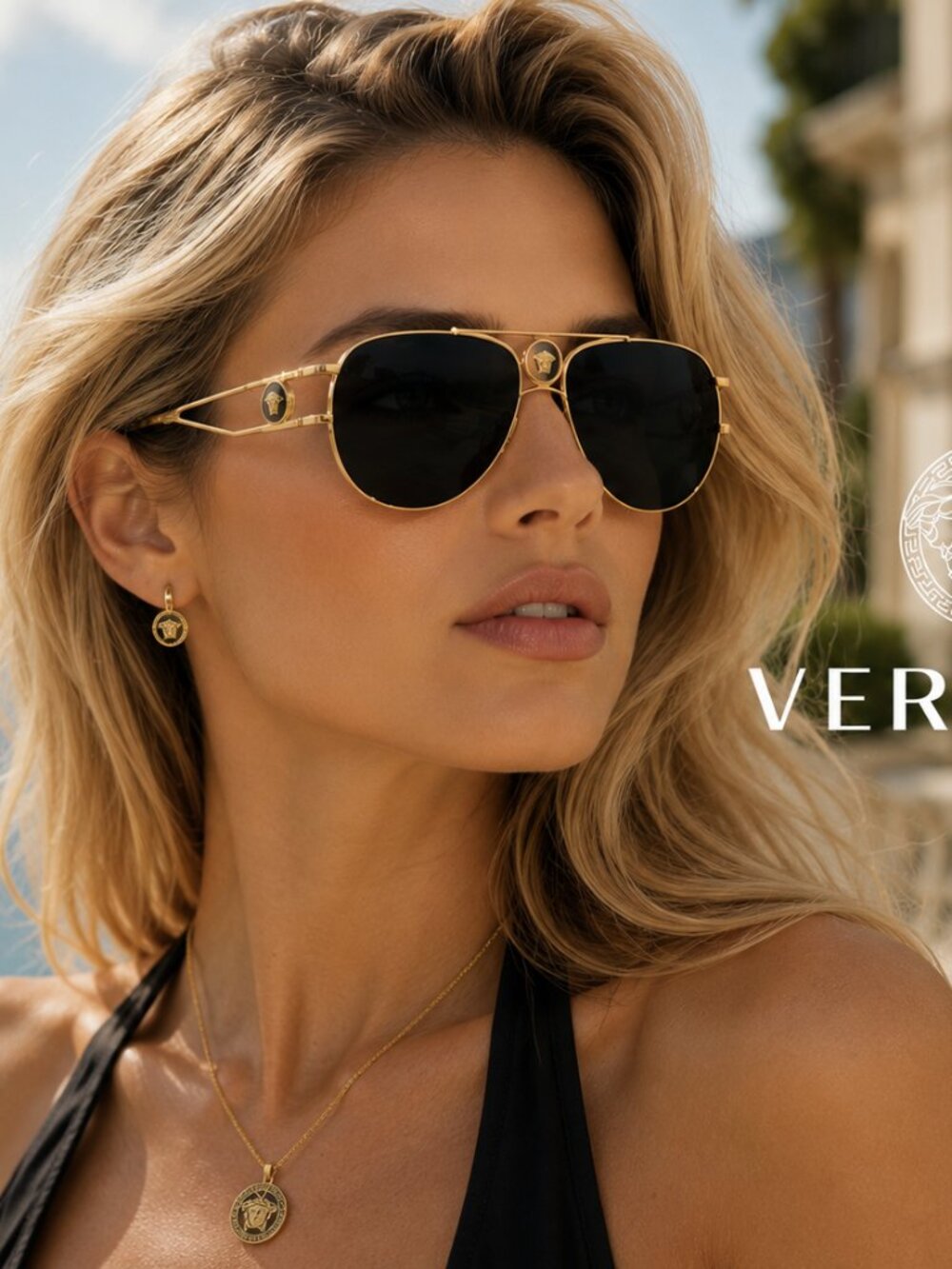 NWT Versace VE2235 Gold/Grey Aviator Sunglasses Medusa Pilot w/ Box & Case